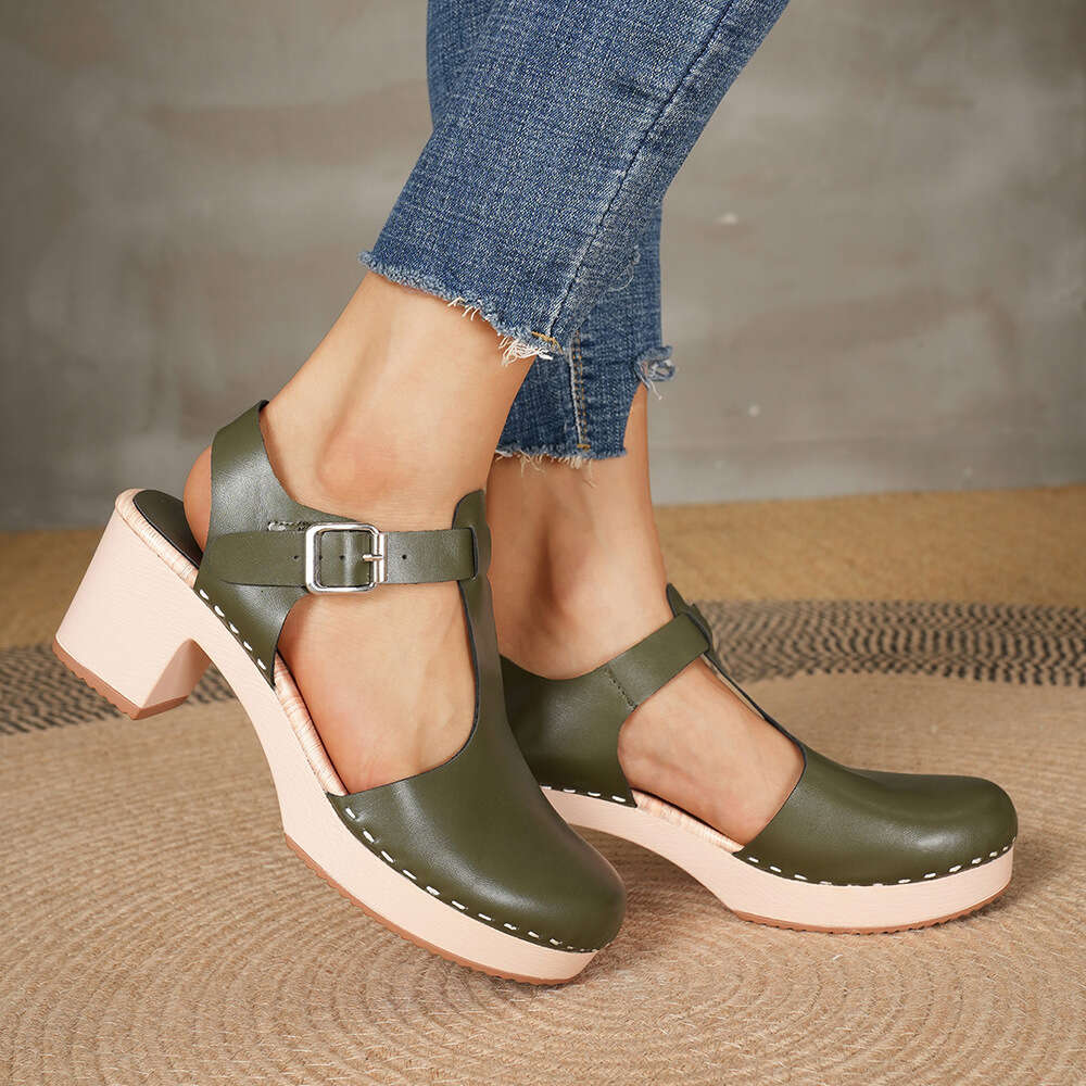 European and American fashion women's shoes, thick heels, high heels, leather surface, T-shaped Roman holiday style, baotou sandals for women ddm