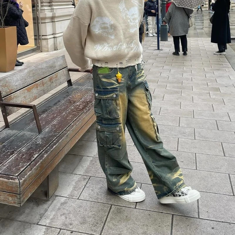 Y2k Hip Hop Retro Streetwear Mens Jeans Distressed Faded Washed Oversized Pockets Loose Cargo Pants High Street Wide Leg Pants 241031