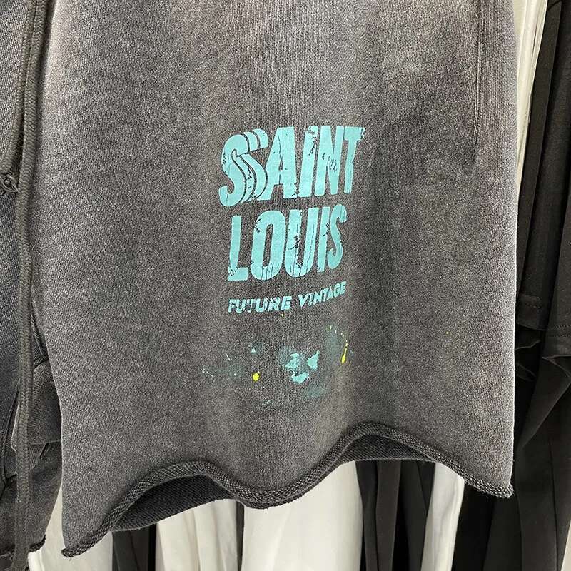 SAINT Clothing Handmade Ink Spray Retro Style Loop Fabric Summer Men's And Women's Casual Shorts Wash Black High Quality