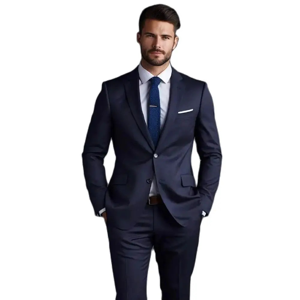 Navy Blue Solid Men Suits Fashion Notch Lapel Single Breasted 2 Piece JacketPants Business Casual Office Daily Suit Clothing 241024