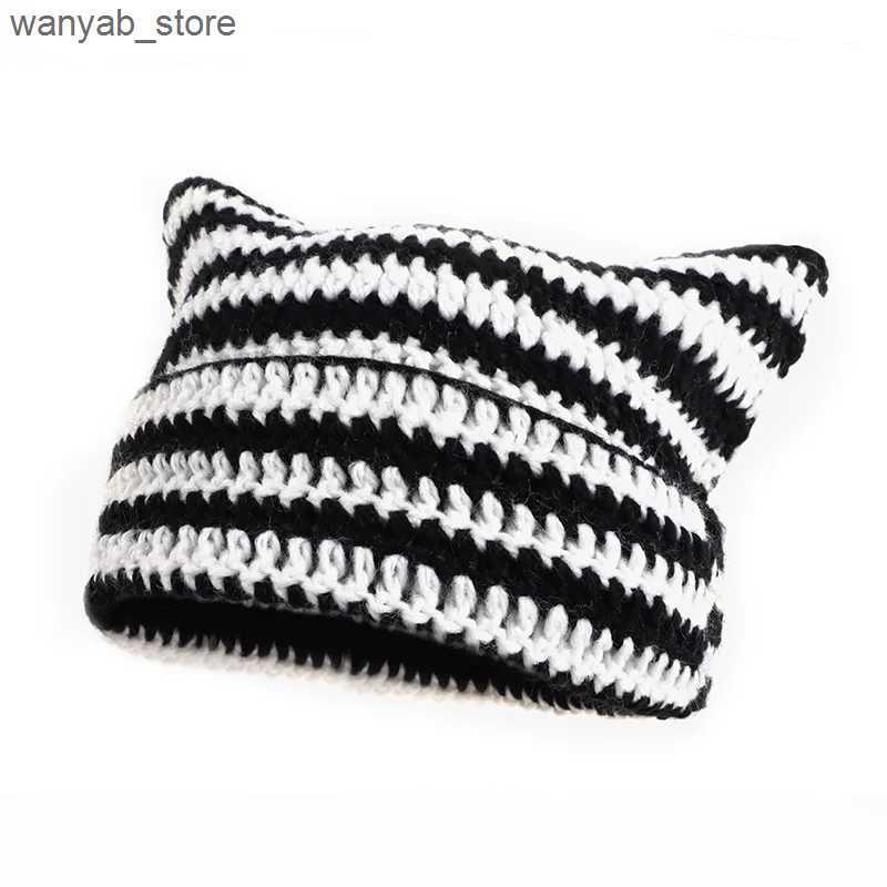 Wide Brim Hats Bucket Hats Womens Crochet Hats with Ears Ladies Knitted Beanie Striped Y2k Funny Cat Style Autumn Winter Green Beige Black Gray White 
