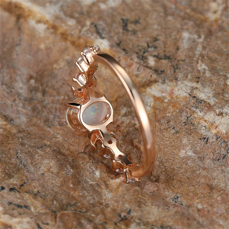 Rainbow White Fire Opal Ring Silver Rose Gold Color Small Moon Rings For Women Wedding Bands Oval Stone Engagement Jewelry 241031