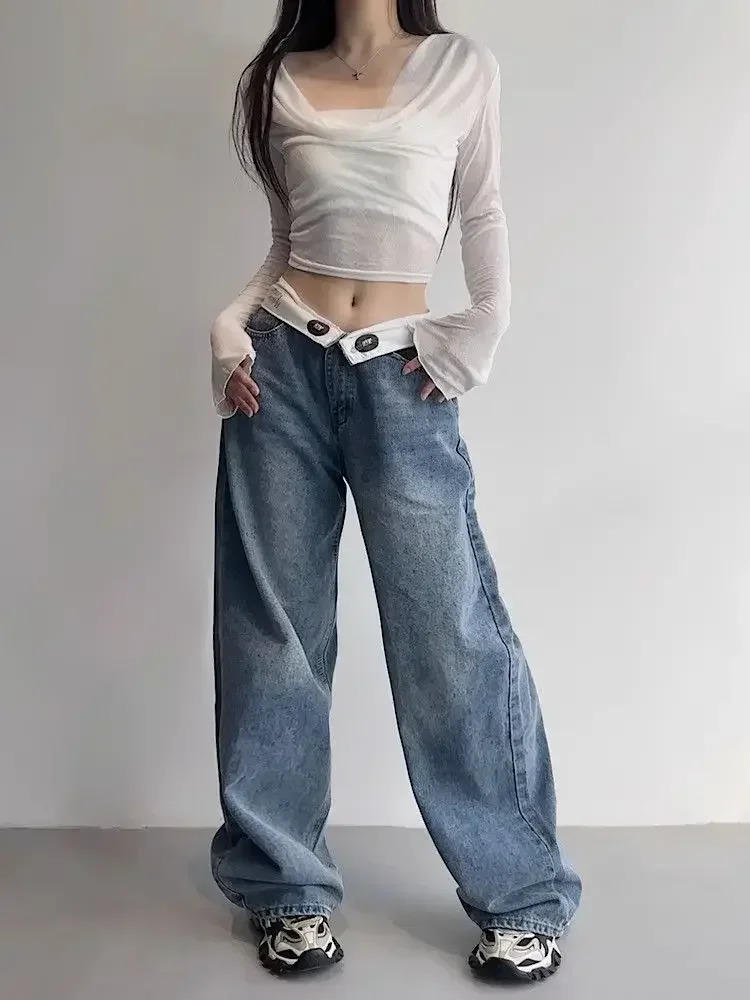 Vintage Y2k Jeans Women Baggy Kpop Gyaru Streetwear Wide Blue Denim Pants Harajuku Korean Acubi Fashion High Waist Jeans 241031