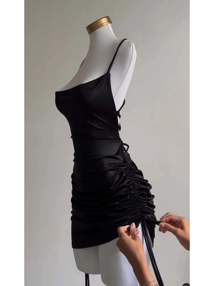 Sexy Satin Lace Up Bodycon Mini Dres Sleeveless Backless Party Club Dresses Streetwear Elegant Evening Clothes Black Robe 241031