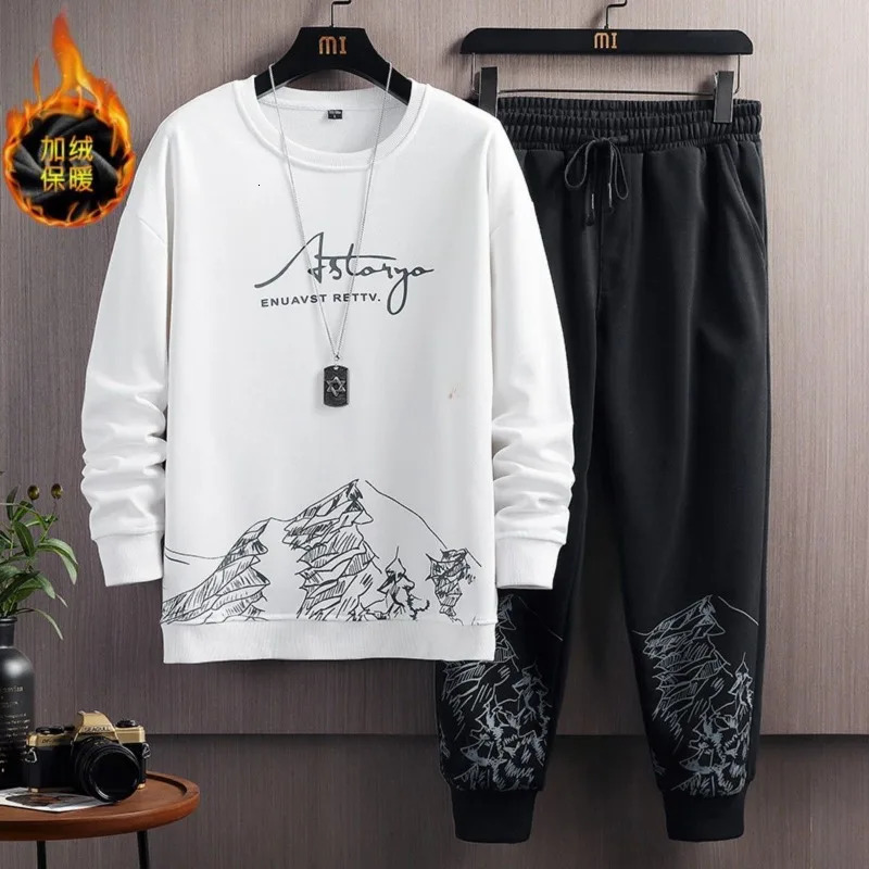 Autumn Winter Men Trendy Vintage Print Fleece Thick Sweatshirt Long Sleeve Sports Hoodie Casual Streetwear Loose Sweatpants Sets 241031