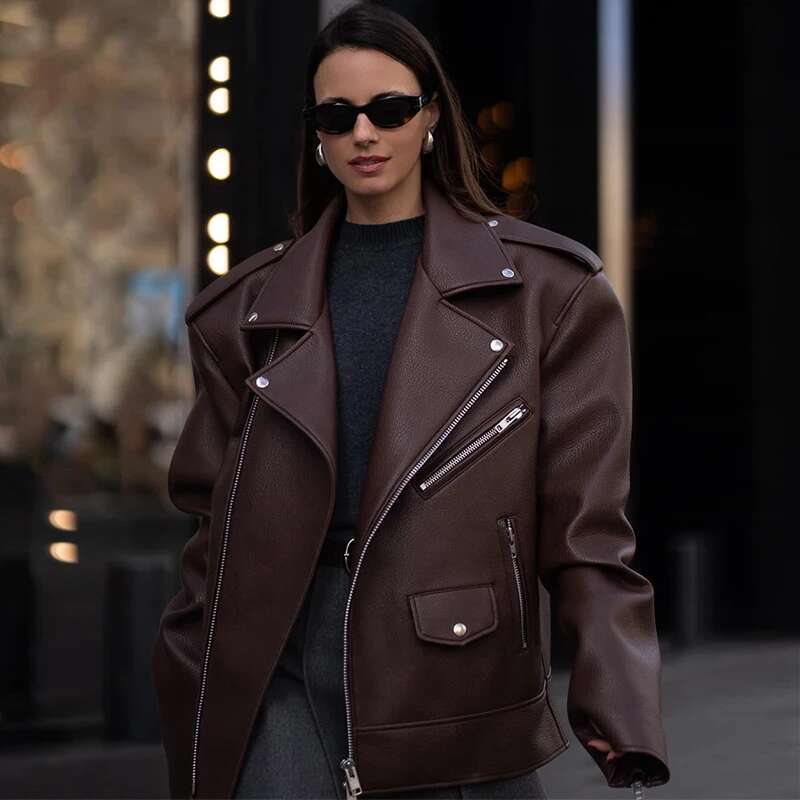 Designer Street PU Leather With Collar Long Sleeve Zipper Fashion Jacket, New Motorcycle Casual Loose Women's S M L XL 2Xl Jacket