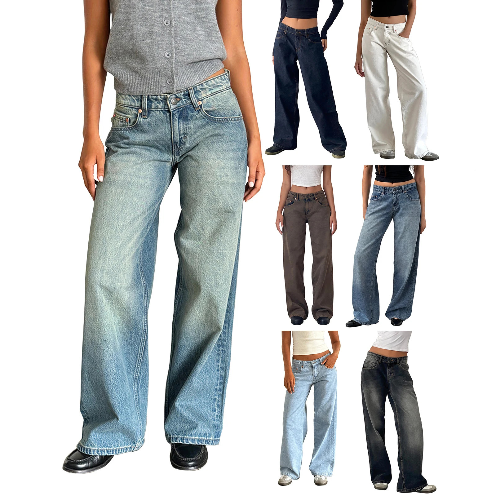 Womens versatile jeans aesthetic solid color low rise zipper button trousers with pockets for everyday street wear 241031