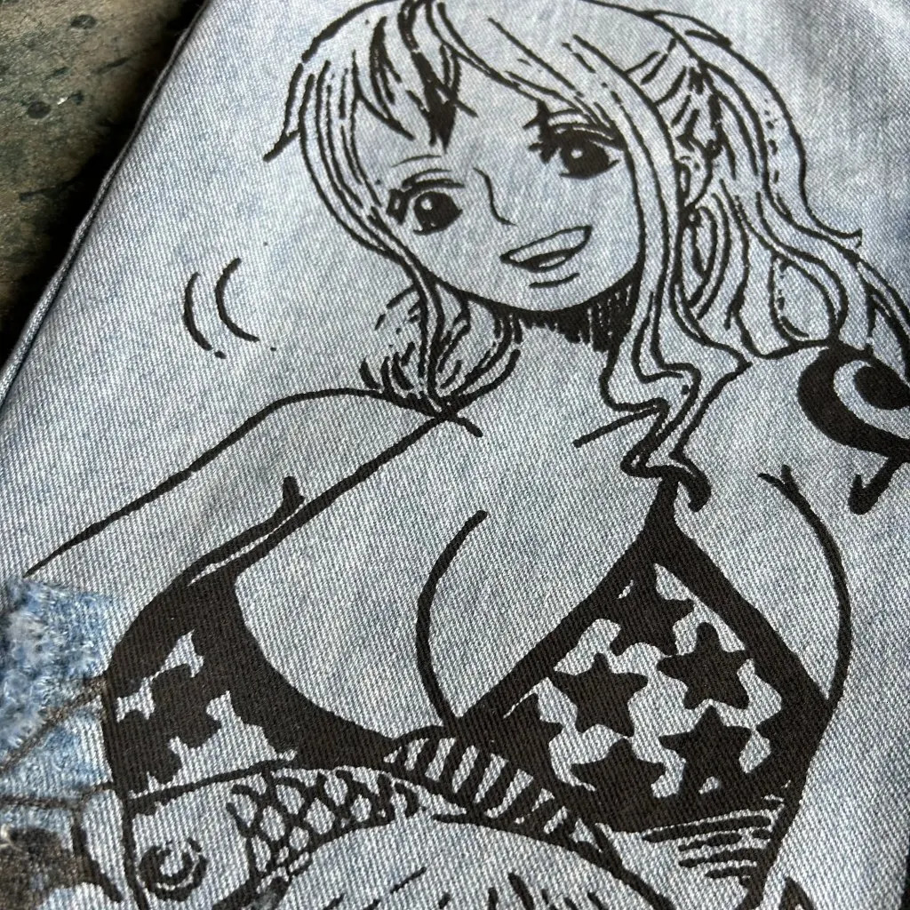 Harajuku Japanese anime printed luggage jeans wide leg Trouser streetwear Y2k mens high waisted pants