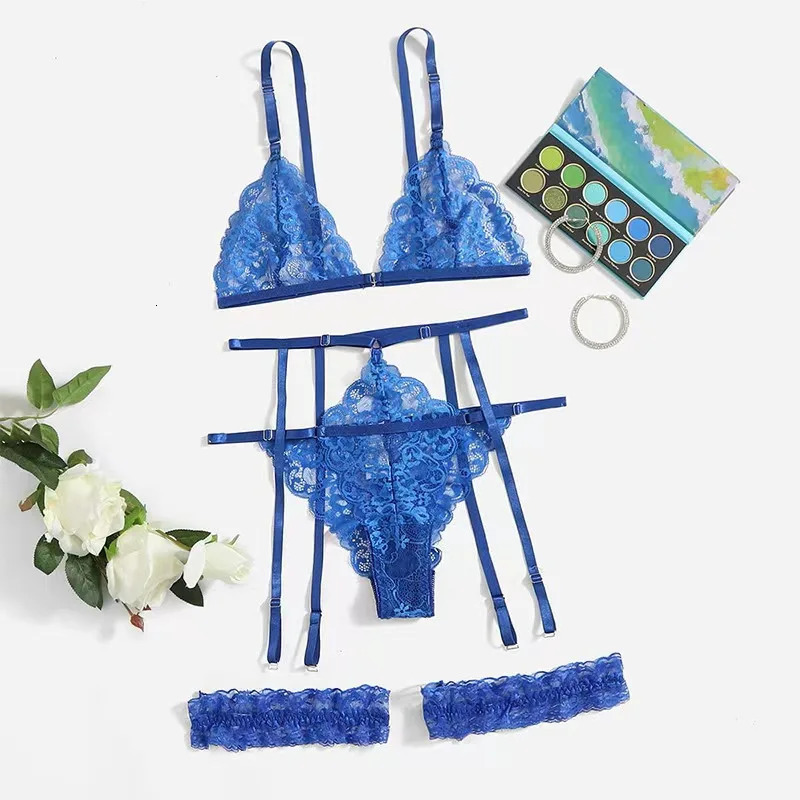 Sexy Lingerie Women Thin Transparent Lace Bra Set See Through Female Erotic Underwear 3 Piece Set Sleepwear Suit Ropa Mujer 241031