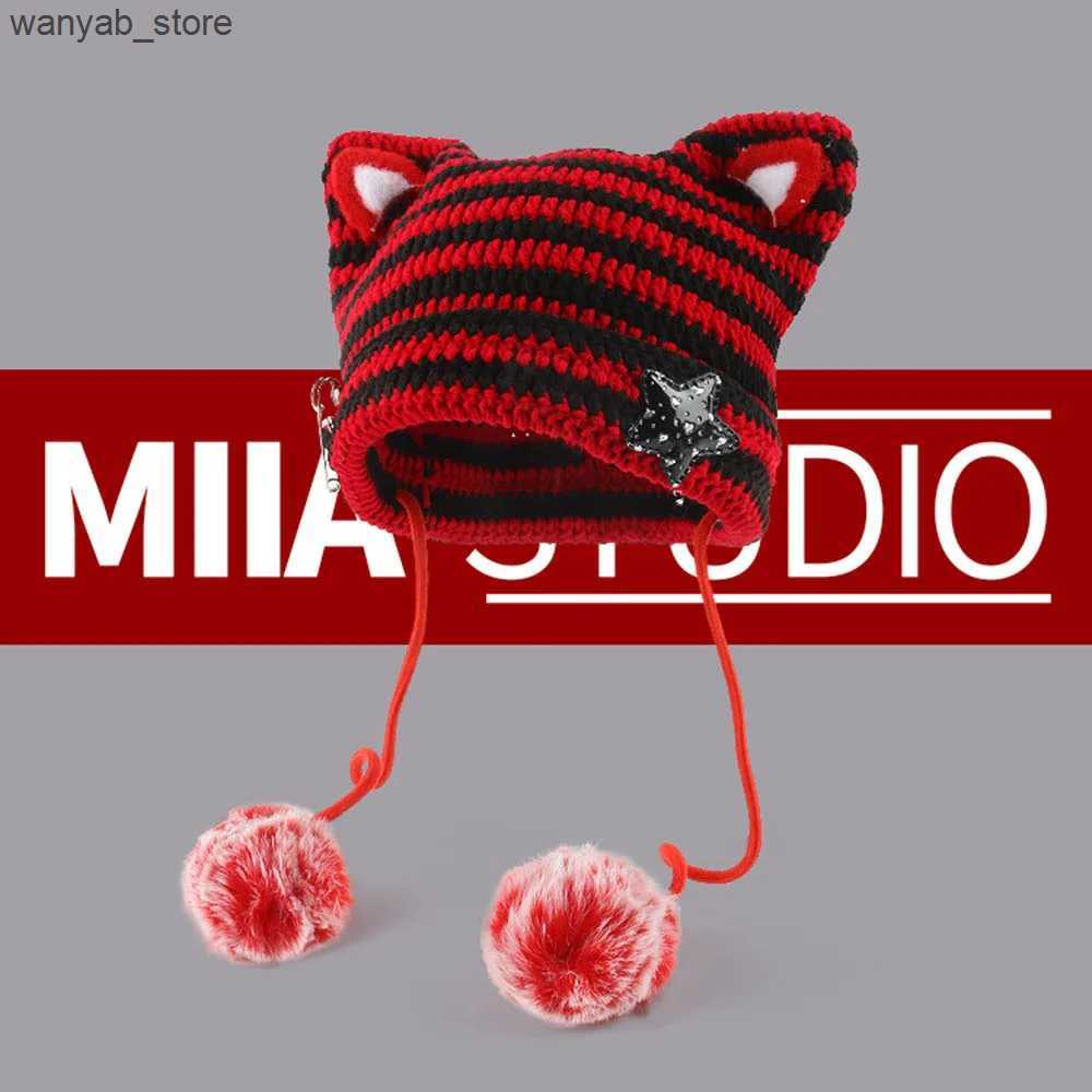 Wide Brim Bucket Handmade Y2k Japanese Cat Ear Beanies Rabbit Hair Pom-pom Striped Sweetheart Girl Knit Cap Autumn and Winter Warm Womens Hats L240910