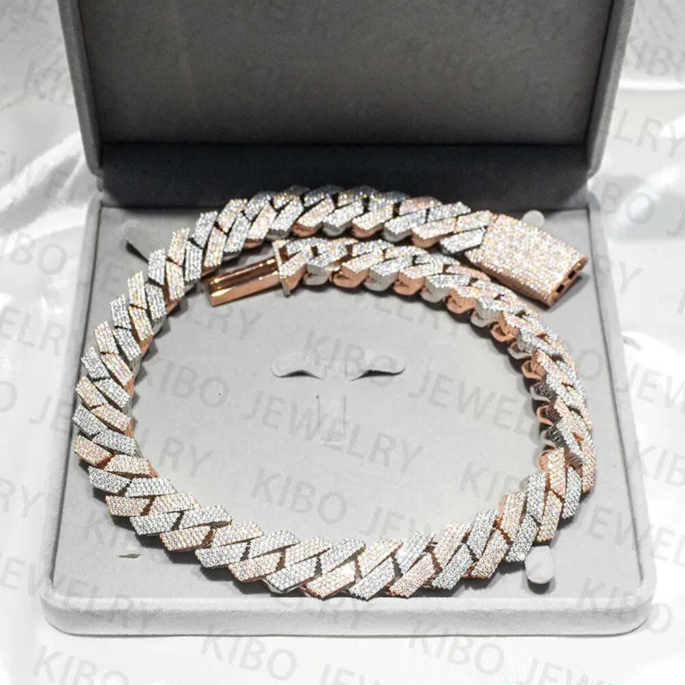 Iced Out Two Tone Vvs Moissanite Necklace 925 Sterling Silver and Rose Gold Plated Big Huge 18mm Cuban Link Chain