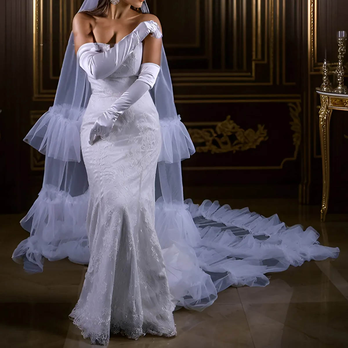 Customized Tiered Wedding Veils Ruffles Lace One Layer Cathedral Length Bride Veil Applique Edge With Comb Bridal Accessories