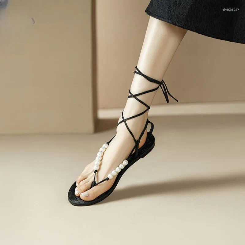 Sandals Summer Romanesque Strap-on Ankle Pearl Wrapped Gaiters Embroidered Flat Bohemian Style Flip-toe For Women hurenlakeshoes hurenlakeshoes hurenl