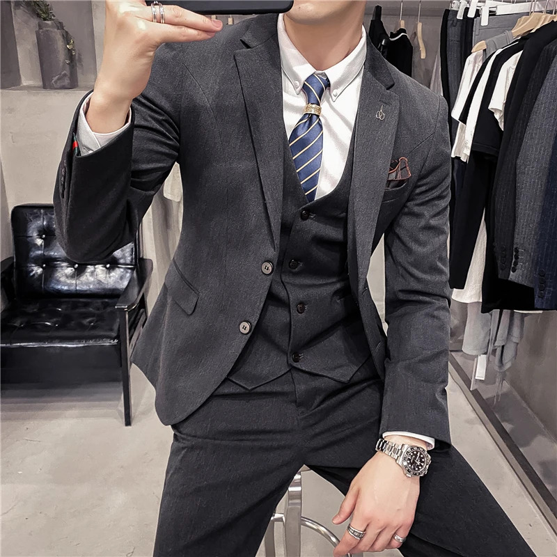 S-7Xl ( Blazer Vest + Pants ) Striped Plaid Solid Color Mens Formal Business Suit 3Pcs Set Groom Wedding Social Show Dress