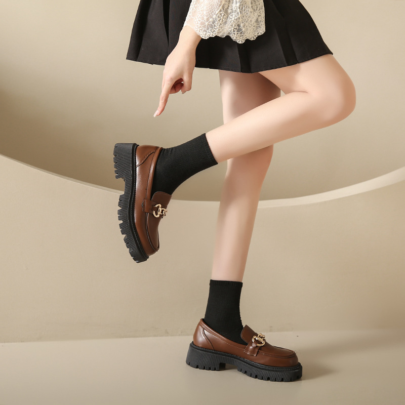 Women's Fashion Shoes:High Heel Chunky Heel Plus Size Loafers Shoes New Trendy Simple Design Versatile Leather Shoes,Brown/White,Free shipping