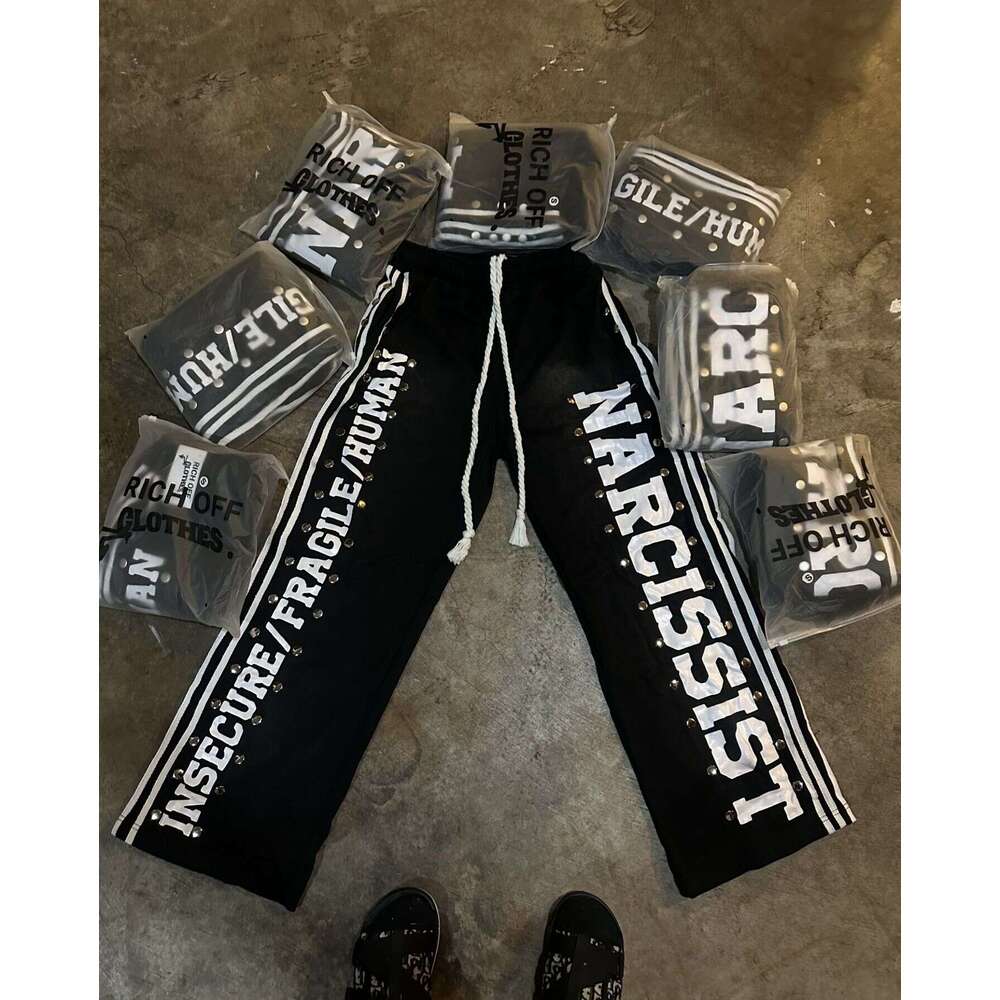 Retro Patch Sweatpants Y2k Pants Mens Hip Hop Letters Sequins Rhie Stripes Baggy Elastic Waist Jogging Casual Trousers