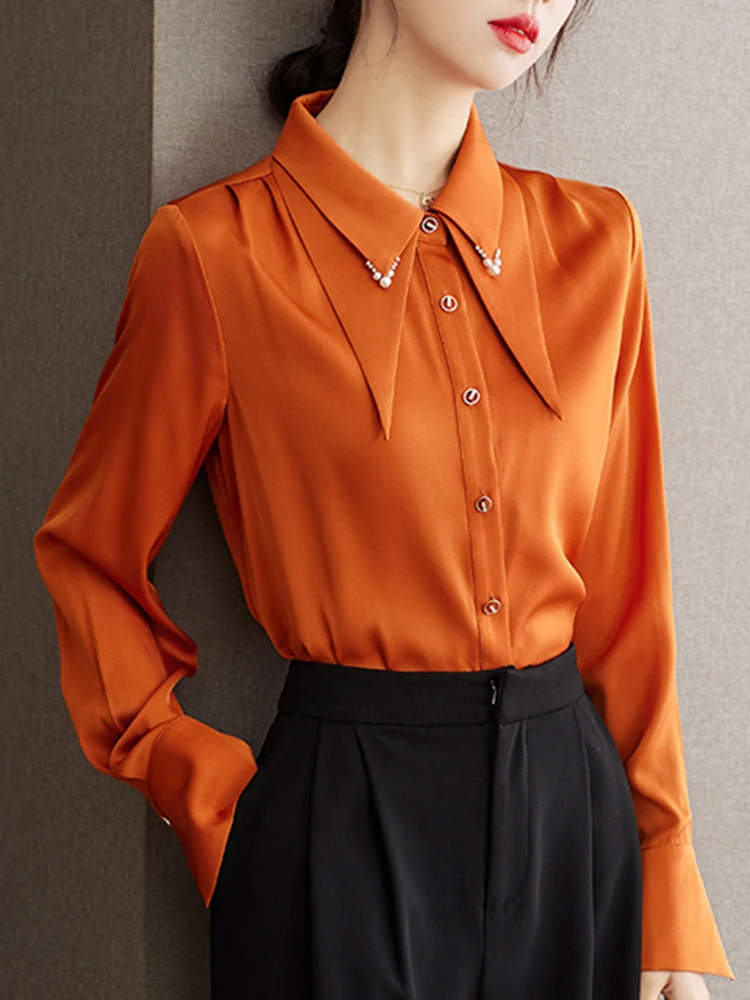 Fashionable round neck hem bubble long sleeved casual clothing solid color elegant womens shirt 241031
