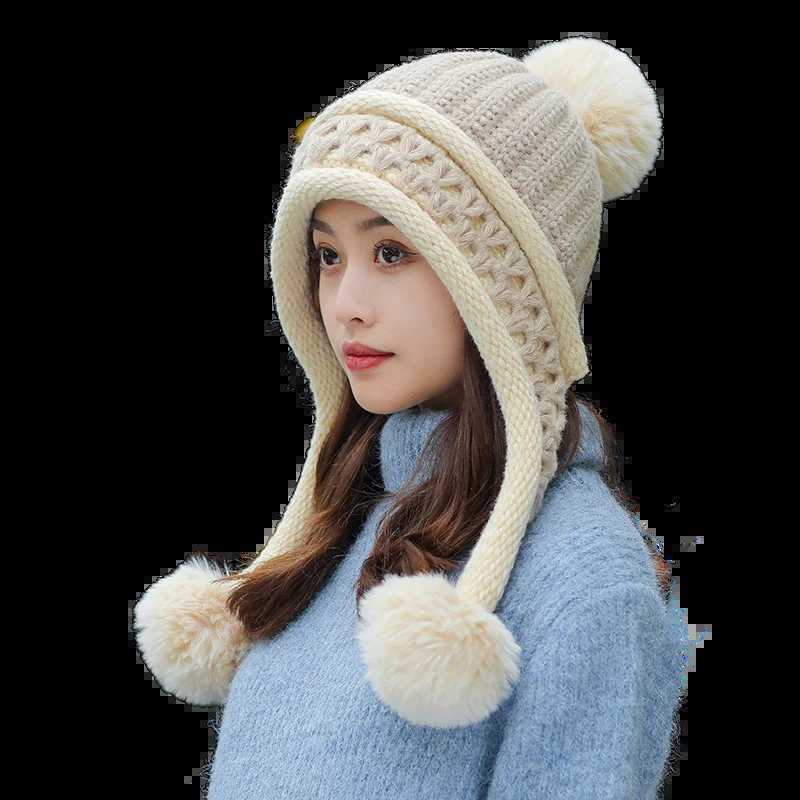 Wide Brim Hats Bucket Hats Women Winter Peruvian Cover Ears Beanie Hat Ear Flaps Sherpa Ski Snow Hats Knit Fce Lined 3 Pom L240910
