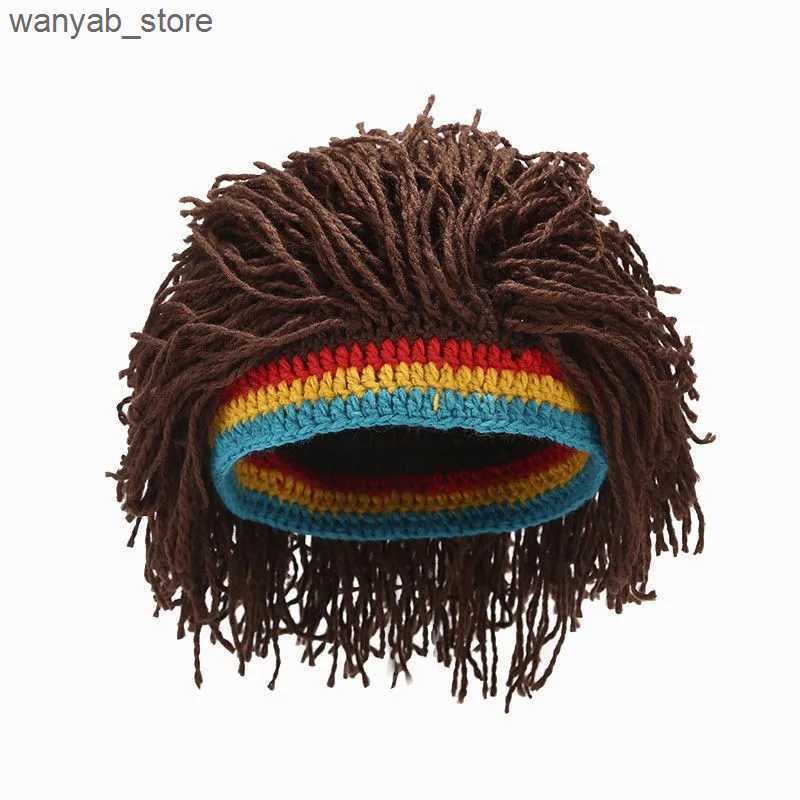 Wide Brim Hats Bucket Hats Rasta Wig Beanie Men Hip Hop Caps Woolen Handmade Crochet Hat Gorro Halloween Xmas Birthday Gifts Funny Party braid Wig L24