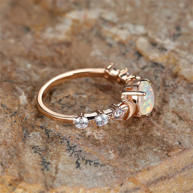 Rainbow White Fire Opal Ring Silver Rose Gold Color Small Moon Rings For Women Wedding Bands Oval Stone Engagement Jewelry 241031