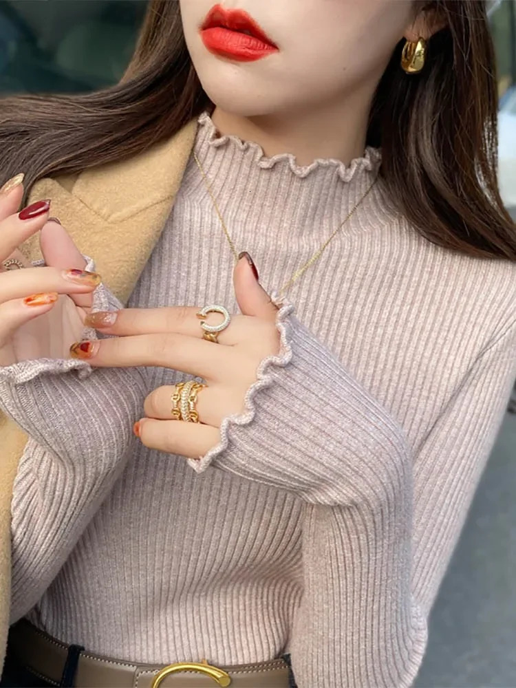 ZJAISS 2024 Long Sleeve Ruffles Turtleneck Slim Jumper Soft Warm Pull Femme Autumn Winter Sweater Women Knitted Ribbed Pullover 241031