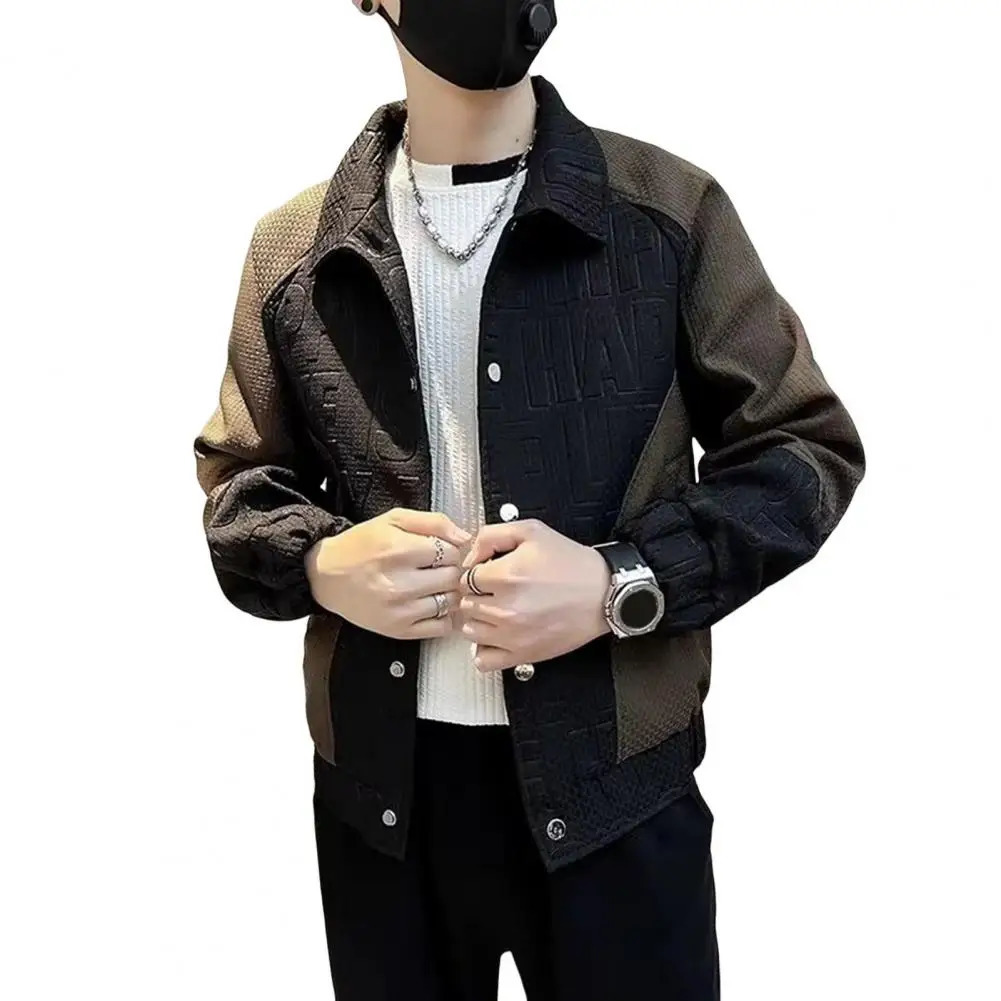 Men Lapel Long Sleeve Jacket Coat Hip Hop Style Windproof n ColorBlocked with 3D Letter Pattern 241024