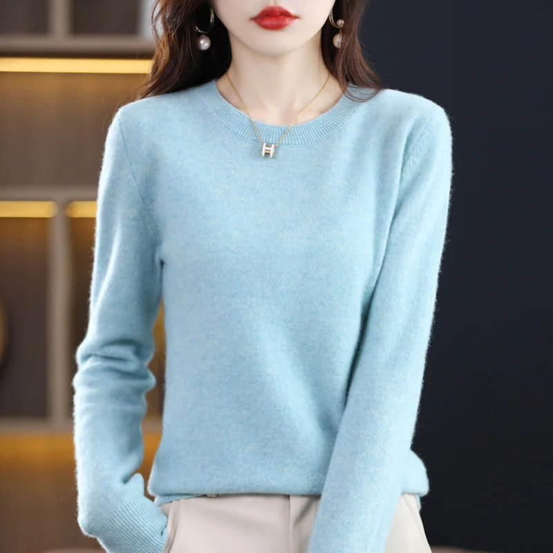 100% Merino Pure Wool Sweater Womens AutumnWinter Long Sleeved Solid Color Pullover Round Neck Basic Knitted Jumper Top 241029