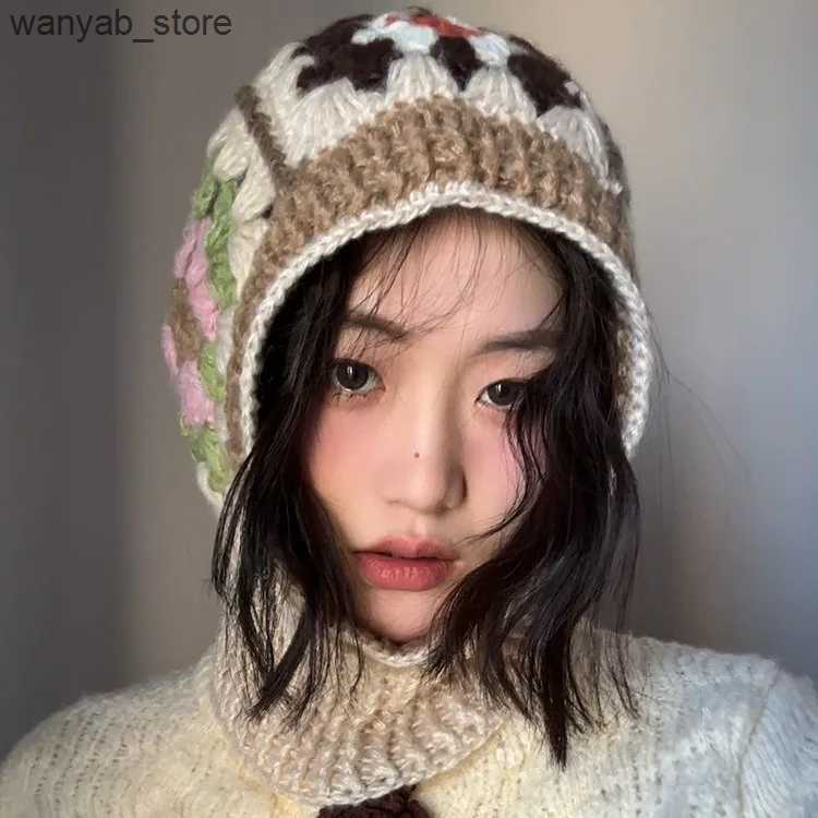 Wide Brim Hats Bucket Hats Handmade Crochet Balaclava Hats for Women Autumn and Winter Wool Knitted Pullover Beanies Cap Neck Warmer Female Hooded Cap