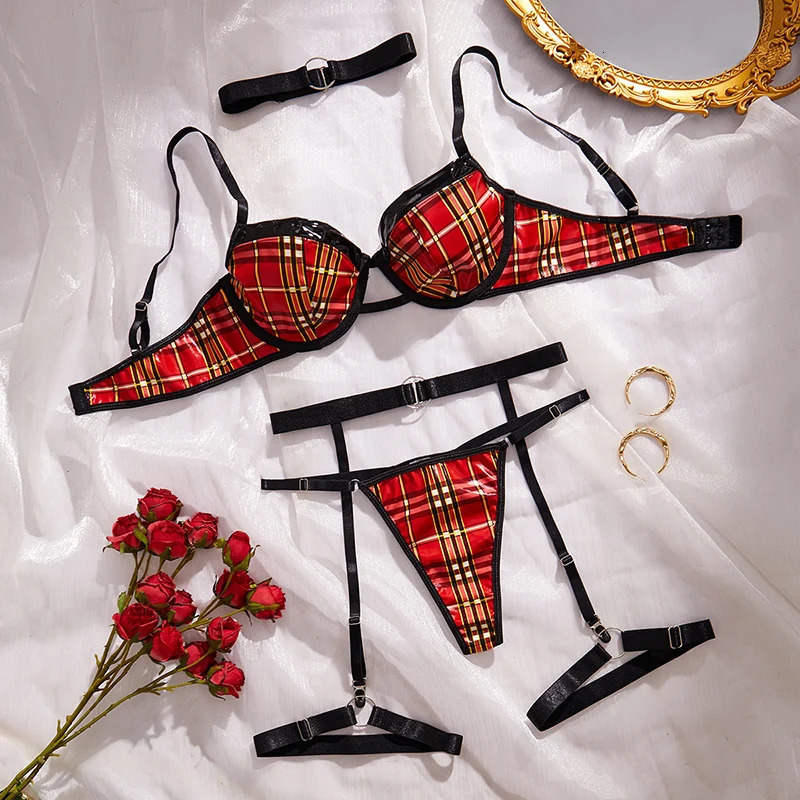 Sexy Christmas Lingerie Pu Leather Bra and Panty Set Red Plaid Sexy Push Up Lingerie 4 Pieces Erotic Sets Underwear Women Fancy 241031