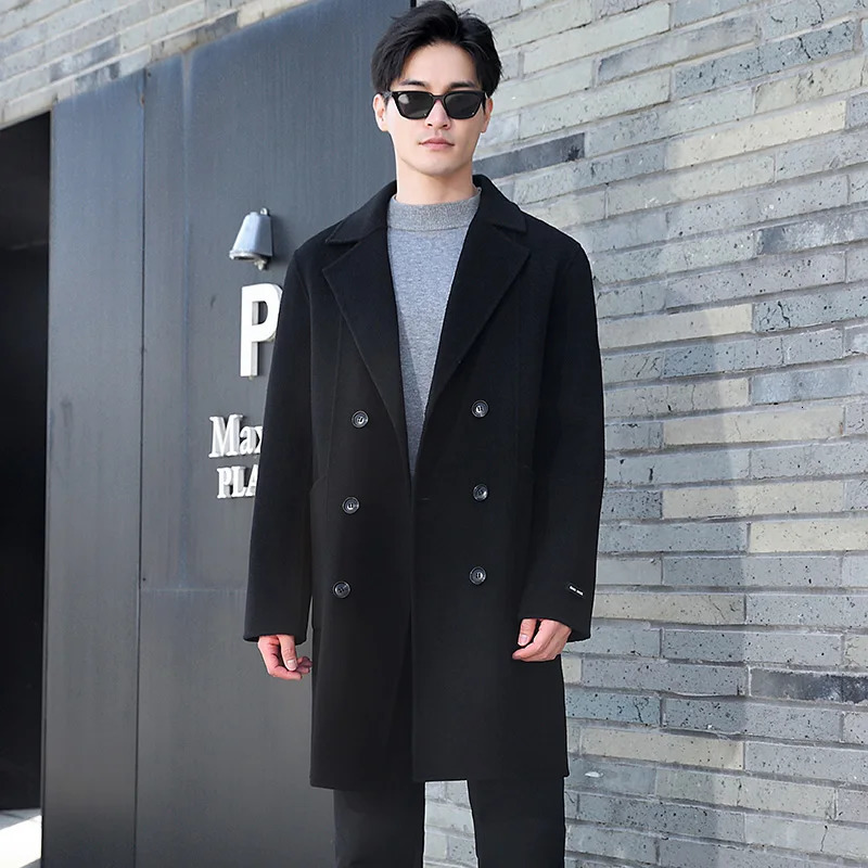 100 Merino Wool DoubleSided Coat Mens Suit Collar DoubleBreasted Coat Handmade Long HighStreet Business Top With Pocket 241024