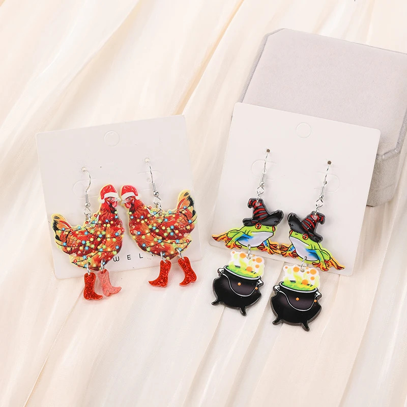 1Pair Christmas Animal Woman Drop Earrings Acrylic Magic Frog Funny Walking Chicken For Girl Birthday Festival Gift 241031
