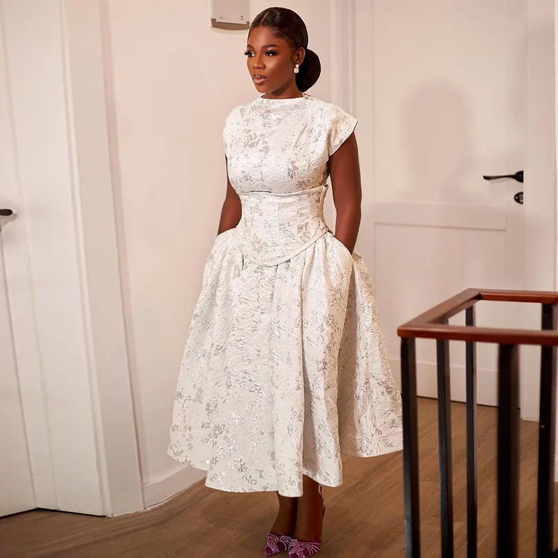 Womens formal occasion dress slim fit elegant printed waist short sleep A-line mid length evening dress 241031