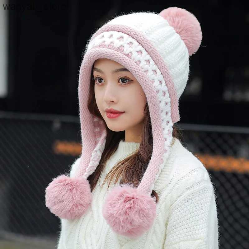 Wide Brim Hats Bucket Hats Women Winter Peruvian Cover Ears Beanie Hat Ear Flaps Sherpa Ski Snow Hats Knit Fce Lined 3 Pom L240910