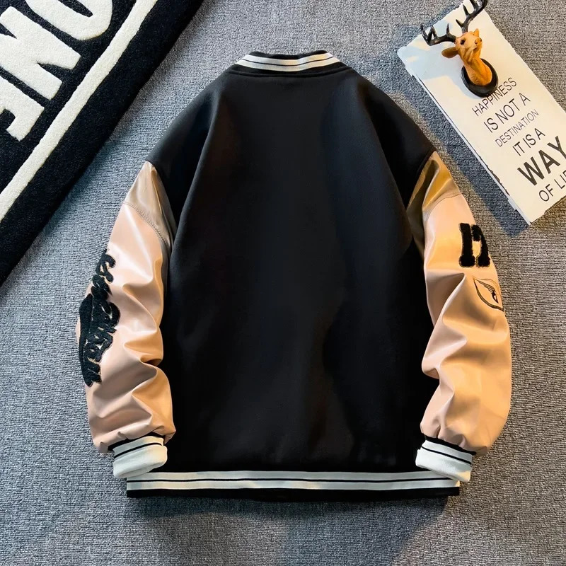 American style retro heavy-duty embroidered baseball jacket mens fashion Pu leather patch work spring and autumn fashion top 241031