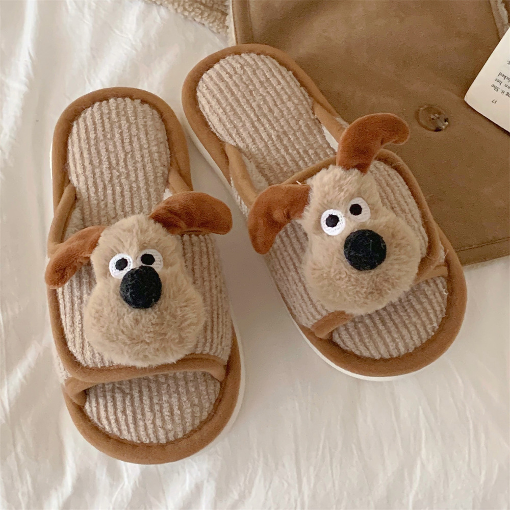 Female winter personality fun cartoon dog creative Velcro fluffy cotton slippers Warm and interesting shoes for home bedroom in winter