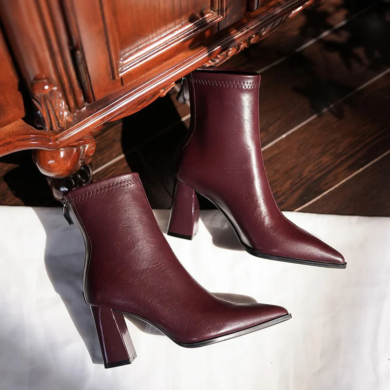 Bury Pointed Toe Boots Mid Calf Botas Chunky Heels Zippers Cozy Versatile Retro Black atos Mujer Autumn Winter Women Shoe 241031