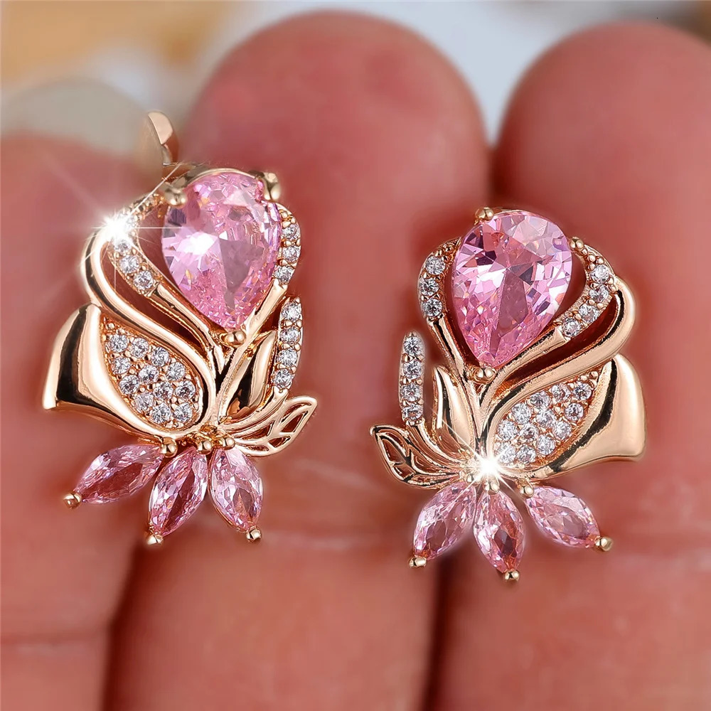 Female Pink Zircon Stone Hoop Earrings Fashion Gold Color Wedding Jewelry For Women 241031
