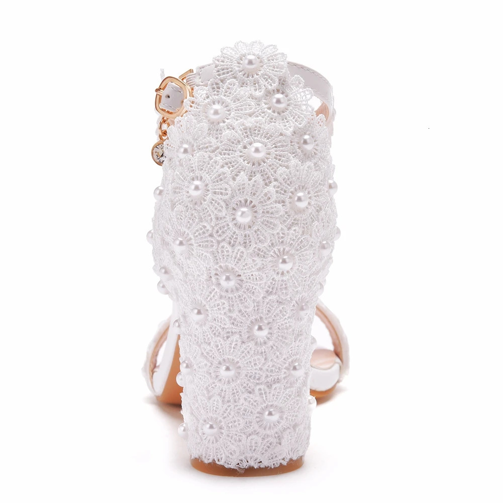 Crystal Queen Fashion Women 7CM Thick High Heels Sandals White Pearl Lace Bride Wedding Shoes 240320