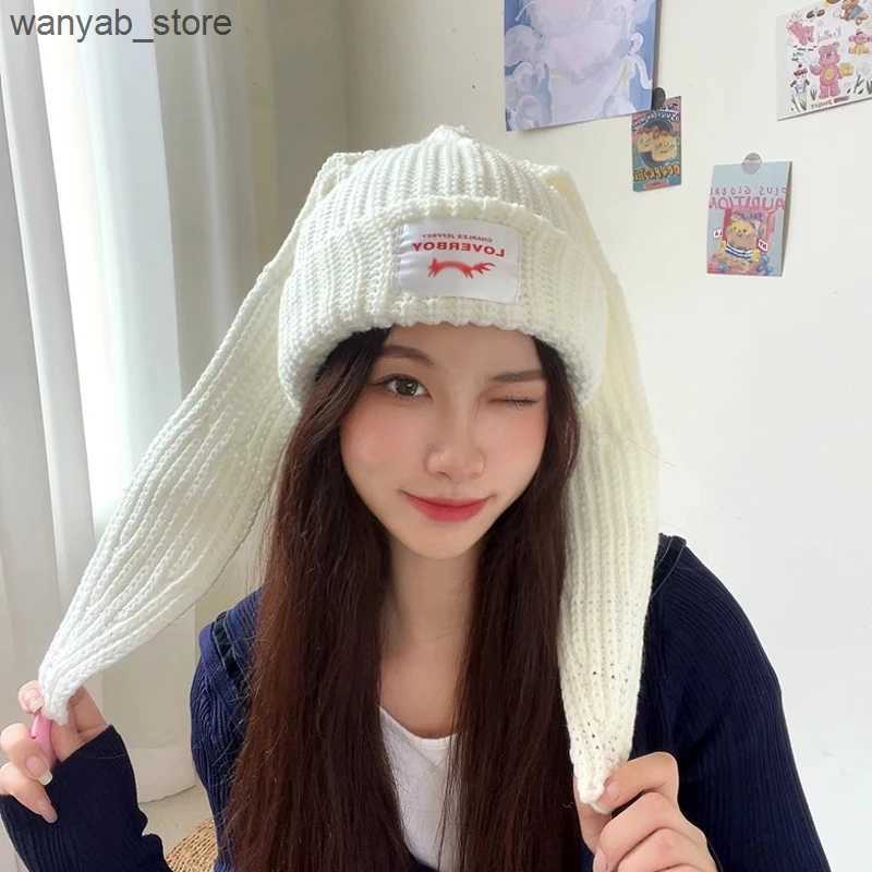 Wide Brim Hats Bucket Hats 24 new color blocked knitted long rabbit ear hat for womens autumn and winter cute big head circumference contrasting yarn 