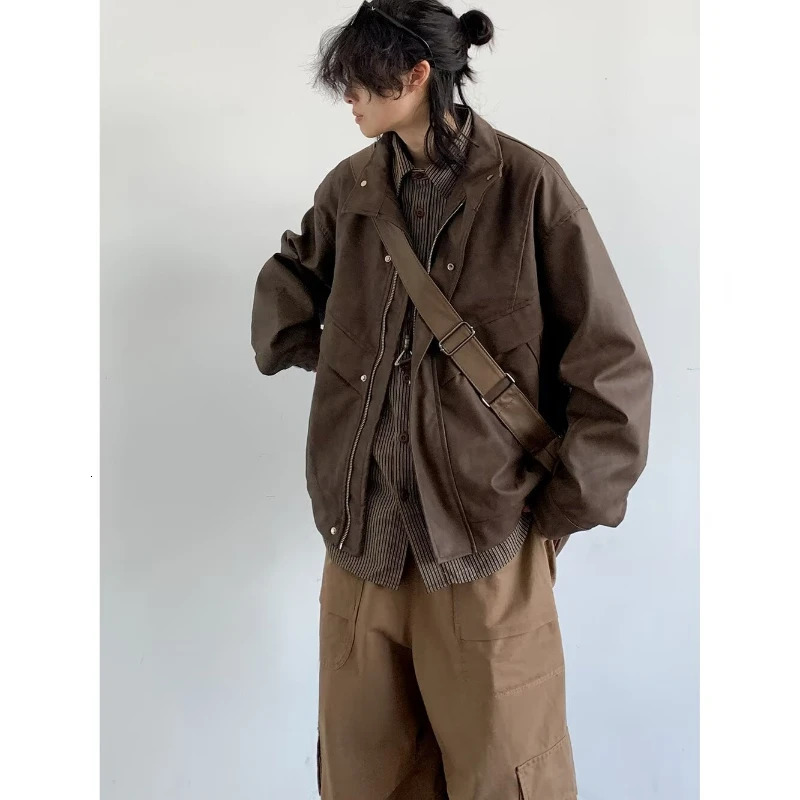 Retro motorcycle leather jacket mens stand up collar American fashion pilot jacket zipper loose profile short bomber jacket 241031