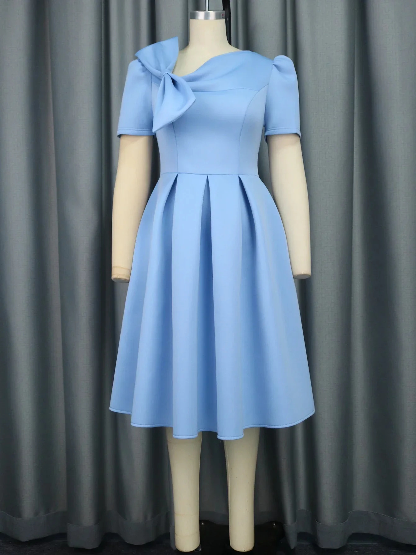 Women Prom Party Dress Bowtie Short Sleeve Pleated Fit and Flare Princess Elegant Formal Birthday Event Gowns Plus Size 240327