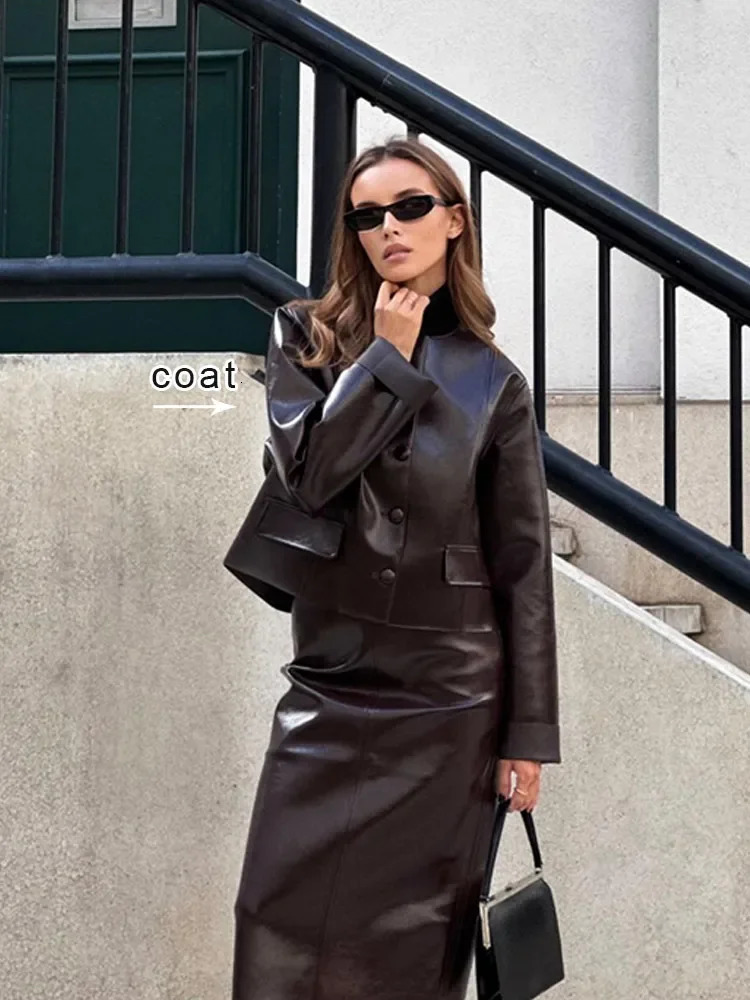 Chic Burgundy Pu Leather Womens Mini Skirt Set Retro Slim Fit Lapel Single-breasted Jacket Suit Female High Street Outfits 241031