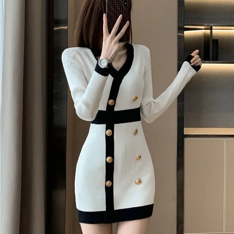Female Knit Dress Color Matching V Neck Bodycon Short Womens Crochet Dresses Extreme Mini in Elegant Chic Autumn and Winter 241031