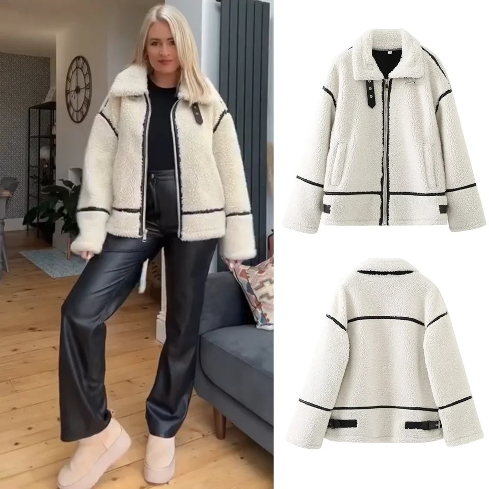 PB ZA 2023 Autumn Womens Wear European and American Style Casual Fur One Piece Lamb Wool Contrast Color Plush Warm Jacket C 241024