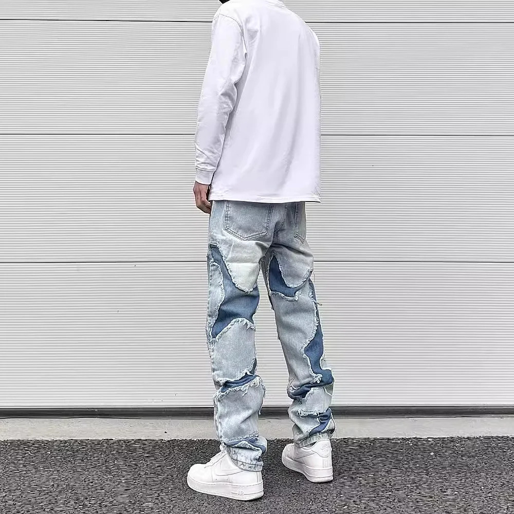 Streetwear Swag Style Blue Frayed Jeans Pants for Men Retro Washed Ripped Casual Tapered Denim Trousers Slim Fit Y2k Jean Male 241024