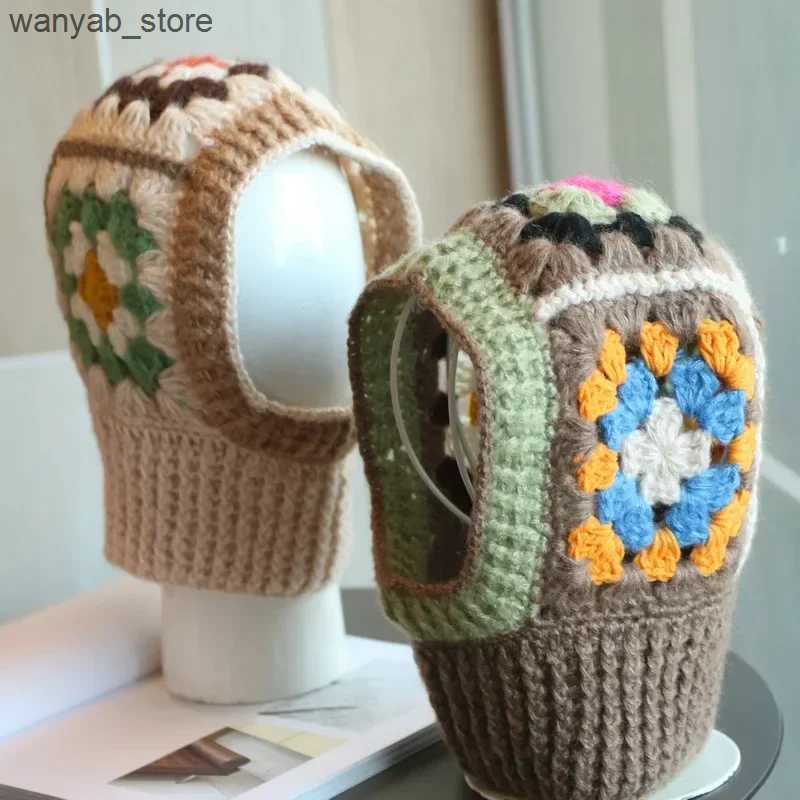 Wide Brim Bucket Handmade Crochet Balaclava Hats for Women Autumn and Winter Wool Knitted Pullover Beanies Cap Neck Warmer Female Hooded Caps L240910 