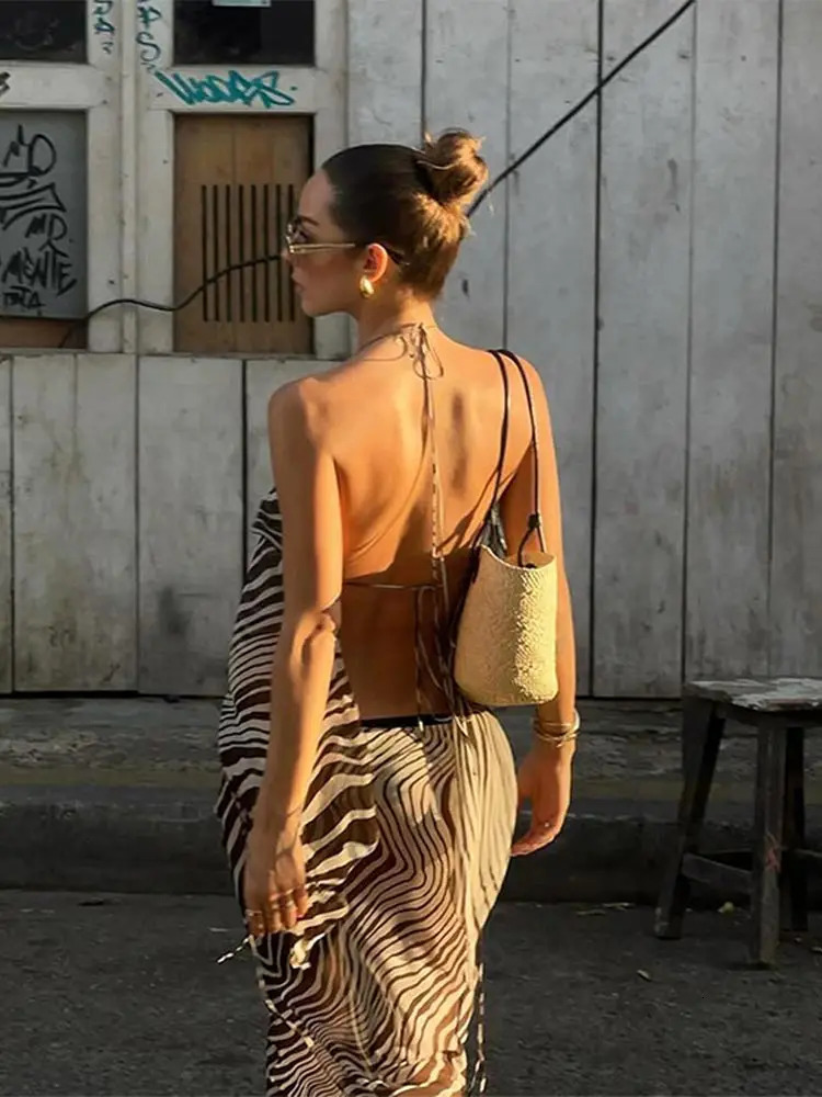 Women Sexy Slim Striped Print Skirt Suit Fashion Sleeveless Backless Top 2 Pieces Sets Elegant Vacation Beach Outfit 240328
