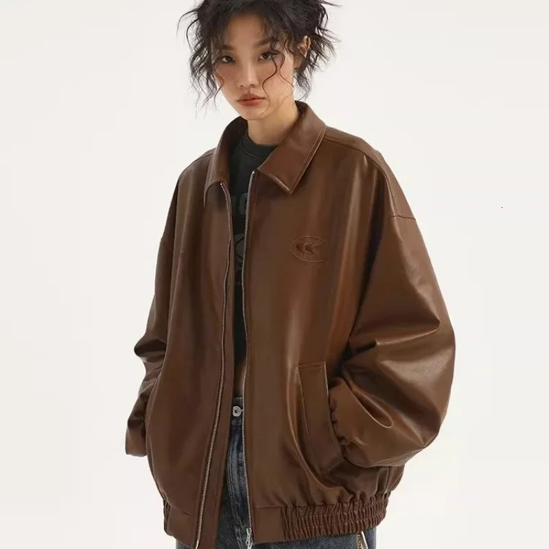 Xinghard Trendy Womens Black Jacket Autumn Collection American Retro Leather Jacket Casual Loose Fit 241031