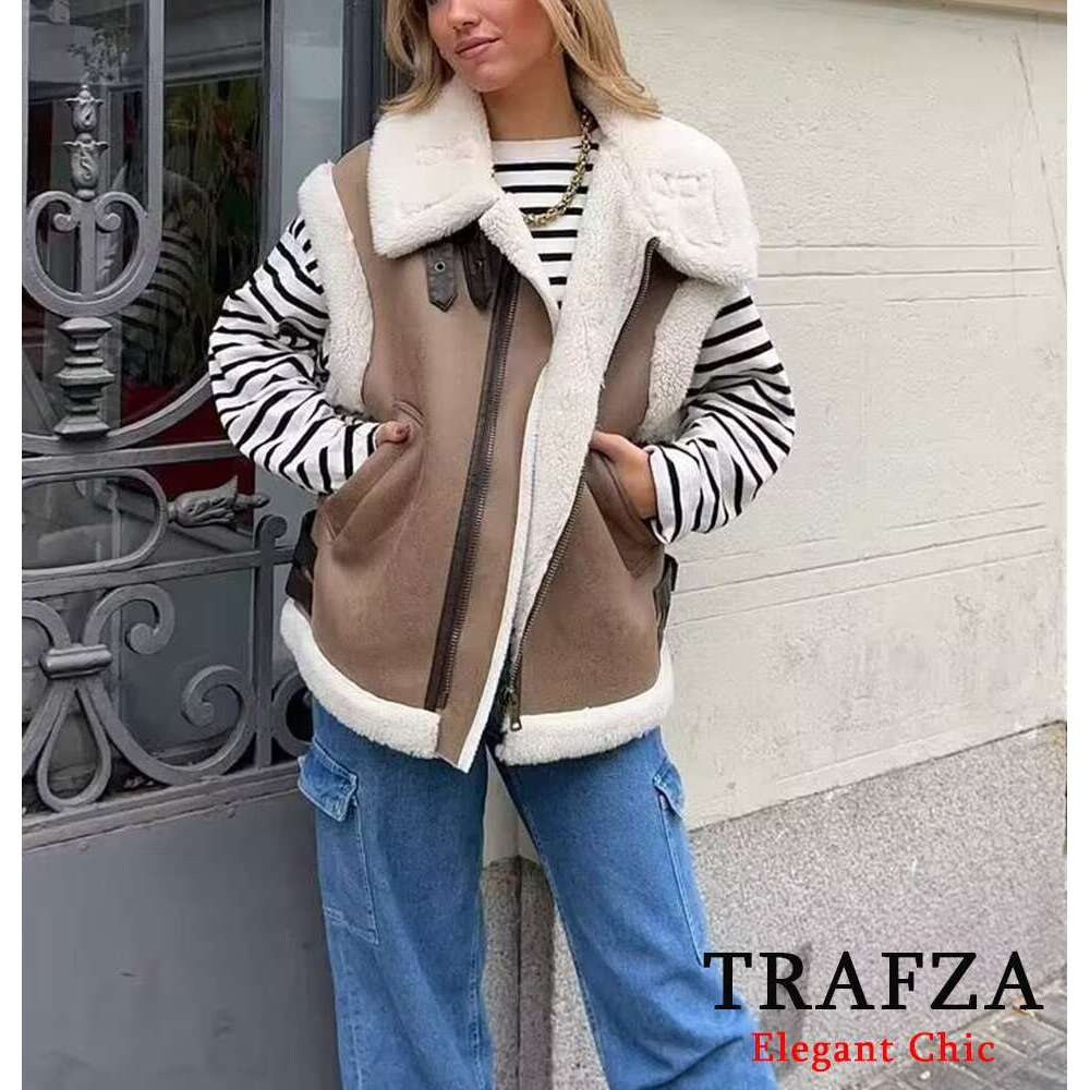 TRAFZA Fall Suede Fleece Women's Zipper Pocket High-Collar Coat New 2024 Fashion Casual Winter Oversize Vest