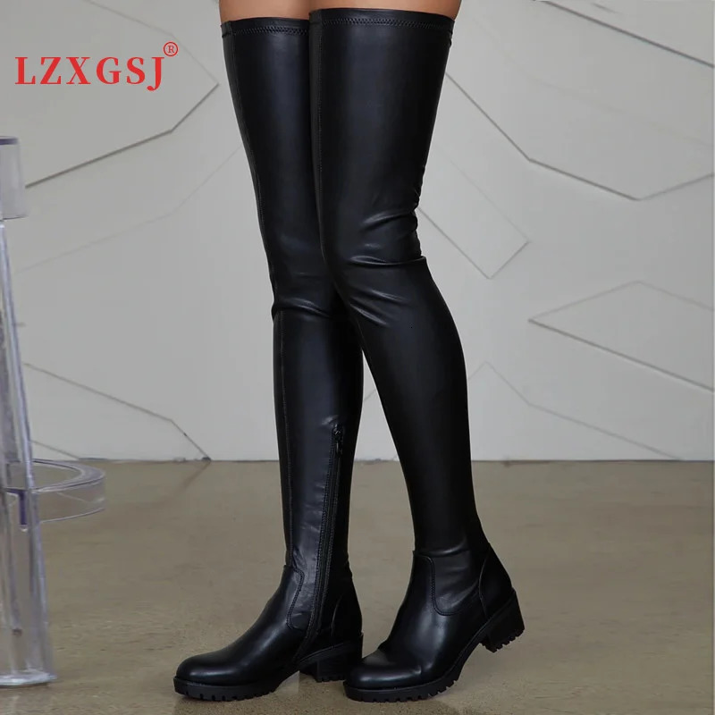 Big Size 47 Thigh High Boots Pu Leather Low Heel Over The Knee Boots Ladies Comfortable Shoes Women Boots Winter 241031
